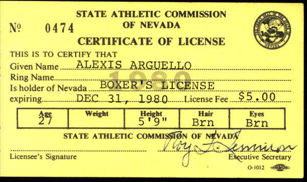ARGUELLO, ALEXIS BOXING LICENSE (1980)
