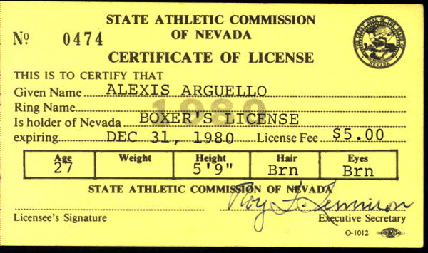 ARGUELLO, ALEXIS BOXING LICENSE (1980)