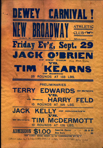 O'BRIEN, NEW YORK JACK-TIM KEARNS BROADSIDE POSTER (1899)