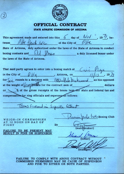 JONES, ED "TOO TALL"-ABDULLAH MUHAMMAD SIGNED FIGHT CONTRACT (1979)