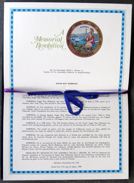 ROBINSON, SUGAR RAY MEMORIAL RESOLUTION BY STATE OF CALIFORNIA (1989)