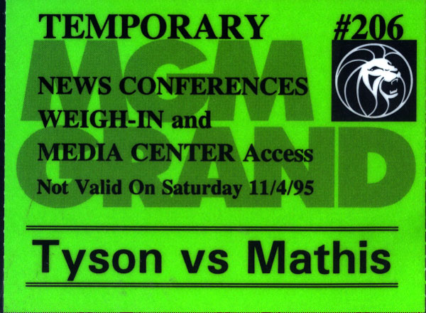 TYSON, MIKE-BUSTER MATHIS, JR. MEDIA CREDENTIAL (1995) – JO Sports Inc.