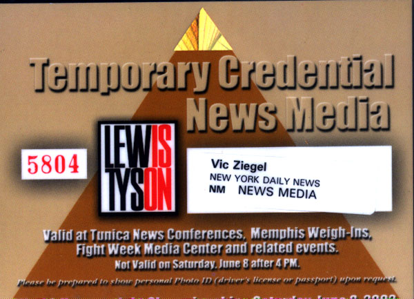 TYSON, MIKE-LENNOX LEWIS MEDIA CREDENTIAL (2002)