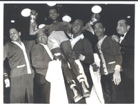 ROBINSON, SUGAR RAY-CARL "BOBO" OLSON ORIGINAL WIRE PHOTO (CELEBRATING-1955)