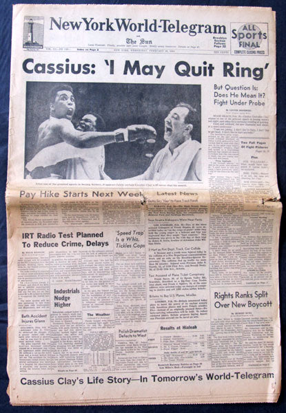 CLAY, CASSIUS-SONNY LISTON I ORIGINAL NEWSPAPER (1964-NEW YORK WORLD TELEGRAM)
