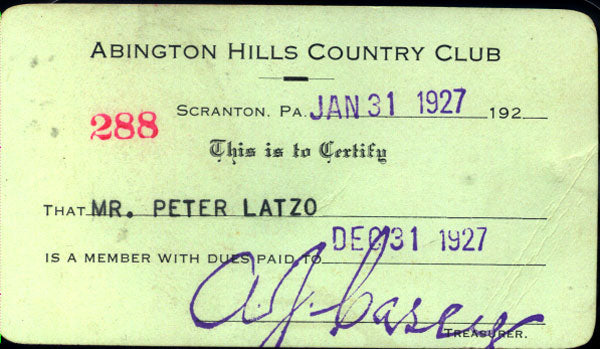 LATZO, PETE COUNTRY CLUB MEMBERSHIP CARD (1927-AS CHAMPION)