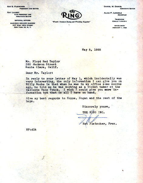 FLEISCHER, NAT SIGNED LETTER (1955)