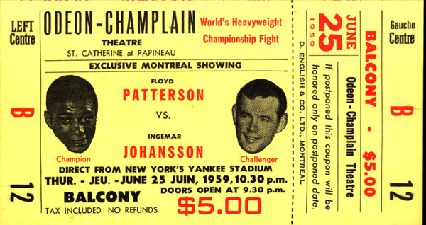 PATTERSON, FLOYD-INGEMAR JOHANSSON I ORIGINAL FULL CLOSED CIRCUIT TICKET (1959)