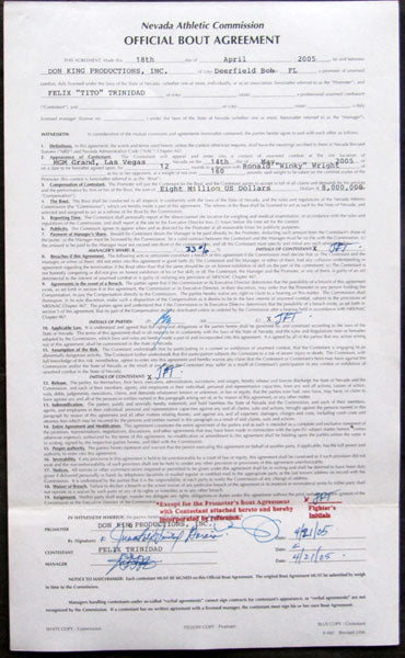 TRINIDAD, FELIX-WINKY WRIGHT SIGNED FIGHT CONTRACT (2005) – JO Sports Inc.