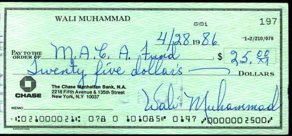 MUHAMMAD, WALI SIGNED CHECK (MUHAMMAD ALI TRAINER)