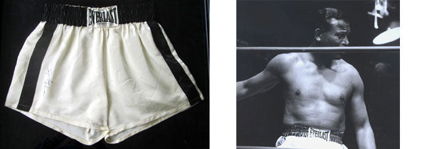 ROBINSON, SUGAR RAY EXHIBITION FIGHT WORN SIGNED BOXING TRUNKS