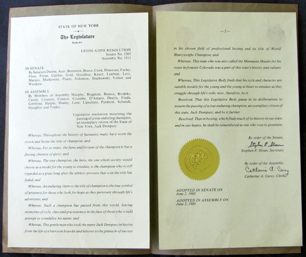 DEMPSEY, JACK NEW YORK LEGISLATIVE RESOLUTION CITATION (1983-ON HIS PASSING)