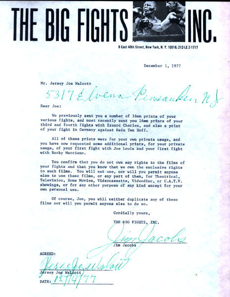 WALCOTT, JERSEY JOE SIGNED LETTER AGREEMENT (1977)