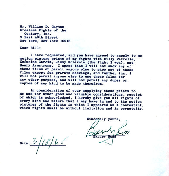 ROSS, BARNEY SIGNED LETTER AGREEMENT (1965)