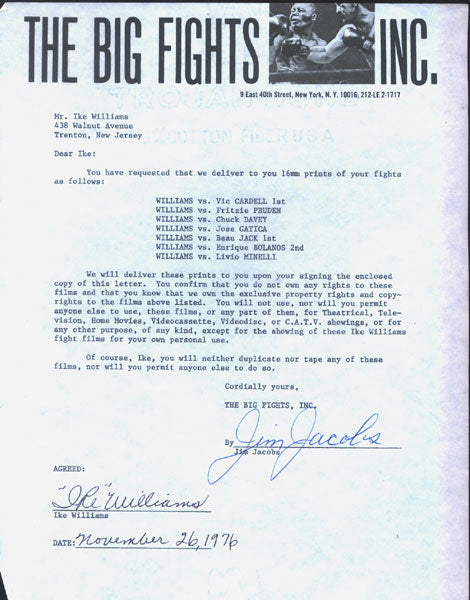 WILLIAMS, IKE SIGNED LETTER AGREEMENT (1976)