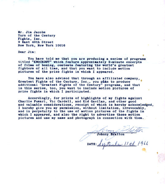BRATTON, JOHNNY SIGNED LETTER AGREEMENT (1966)