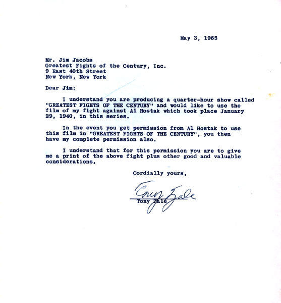 ZALE, TONY SIGNED LETTER (1965)