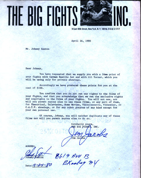 SAXTON, JOHNNY SIGNED LETTER AGREEMENT (1980)