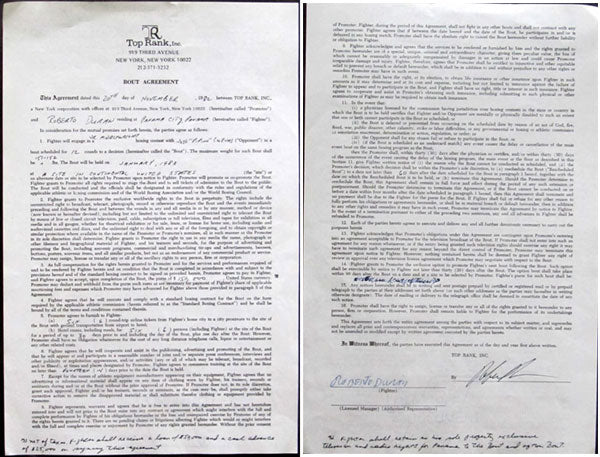 DURAN, ROBERTO-PIPINO CUEVAS SIGNED FIGHT CONTRACT (1982)