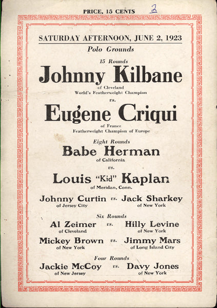 KILBANE, JOHNNY-EUGENE CRIQUI OFFICIAL PROGRAM (1923)