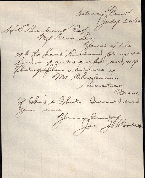 CORBETT, JAMES J. HAND WRITTEN & SIGNED LETTER (1896-AS CHAMPION)