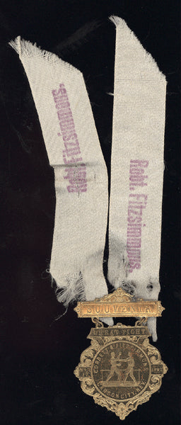 FITZSIMMONS, ROBERT-JAMES J. CORBETT SOUVENIR PIN & RIBBON (1897)