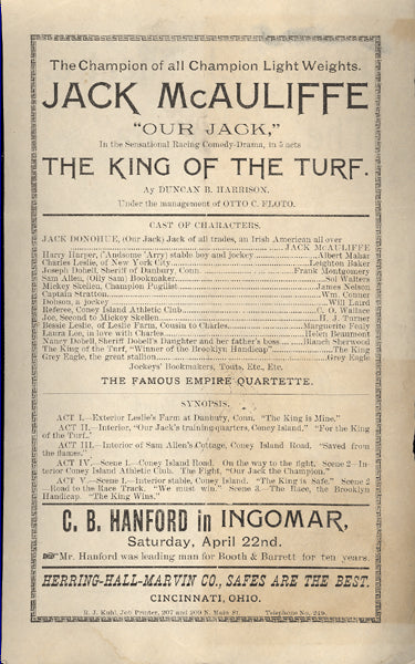 MCAULIFFE, JACK THEATRE PROGRAM (THE KING OF THE TURF-1893)