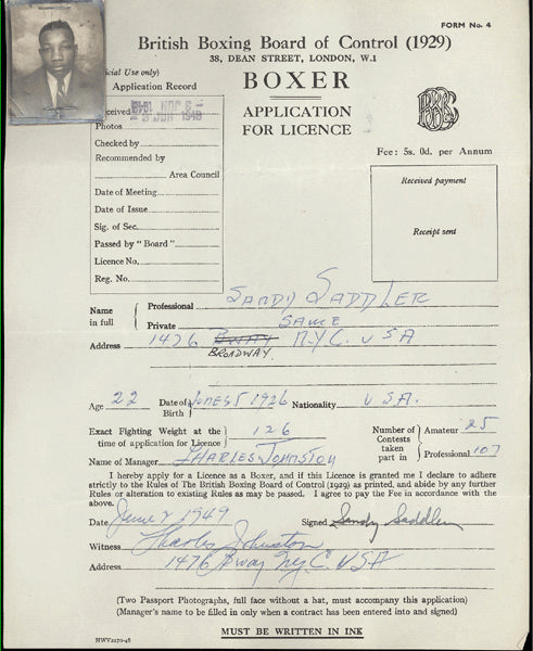 SADDLER, SANDY & CHARLES JOHNSTON SIGNED BRITISH LICENSE APPLICATION (1949)