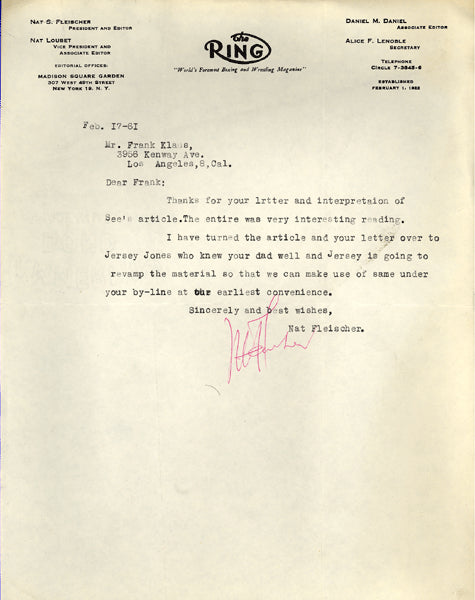 FLEISCHER, NAT SIGNED LETTER (1961-TO SON OF FRANK KLAUS)