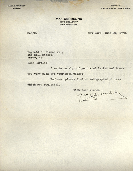 SCHMELING, MAX SIGNED LETTER (1930-AS CHAMPION)