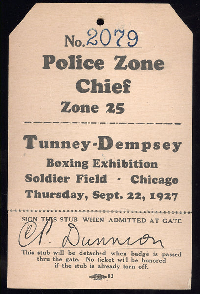 DEMPSEY, JACK-GENE TUNNEY II POLICE CHIEF PASS (1927)