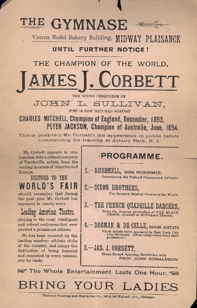 CORBETT, JAMES J. THEATRE BROADSIDE (1893-AS CHAMPION)
