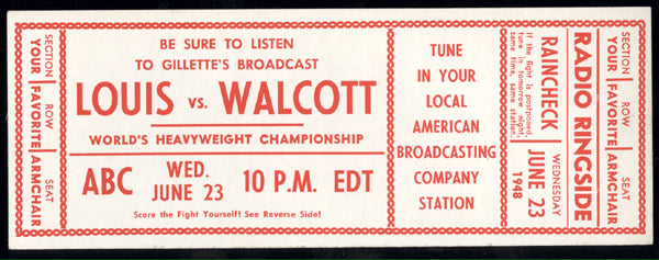 LOUIS, JOE-JERSEY JOE WALCOTT II RADIO ADVERTISEMENT TICKET (1948)