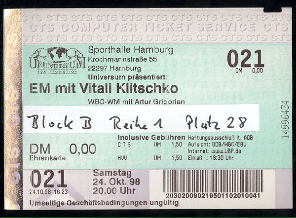 KLITSCHKO, VITALI-MARIO SCHIESSER FULL TICKET (1998)