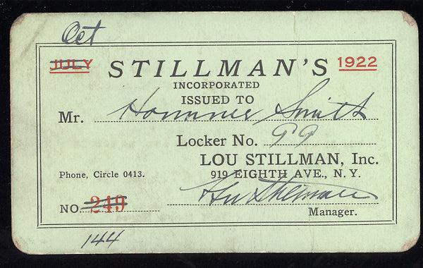 SMITH, HOMER STILLMAN'S GYM LOCKER CARD (1922-SIGNED BY LOU STILLMAN)