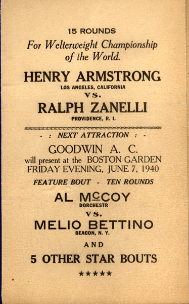 ARMSTRONG, HENRYY-RALPH ZANNELLI OFFICIAL PROGRAM (1940)