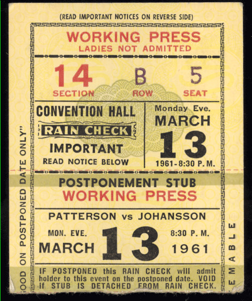 PATTERSON, FLOYD-INGEMAR JOHANSSON III ON SITE TICKET STUB (1961)