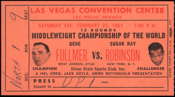 ROBINSON, SUGAR RAY-GENE FULLMER IV ON SITE STUBLESS TICKET (1961)