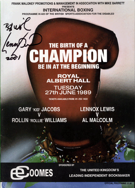 LEWIS, LENNOX-AL MALCOLM OFFICIAL PROGRAM (1989-SIGNED BY LEWIS-LEWIS PRO DEBUT)