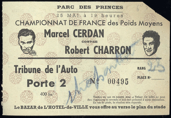 CERDAN, MARCEL-ROBERT CHARRON ON SITE TICKET (1946)