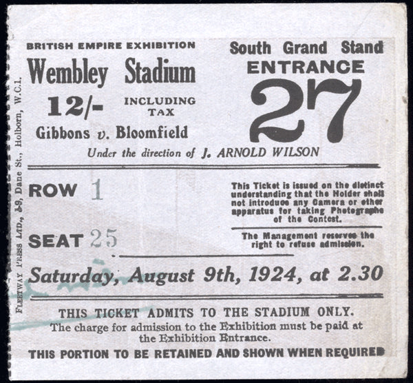 GIBBONS, TOMMY-JACK BLOOMFIELD STUBLESS TICKET (1924-1ST FIGHT AT WEMBLEY STADIUM)