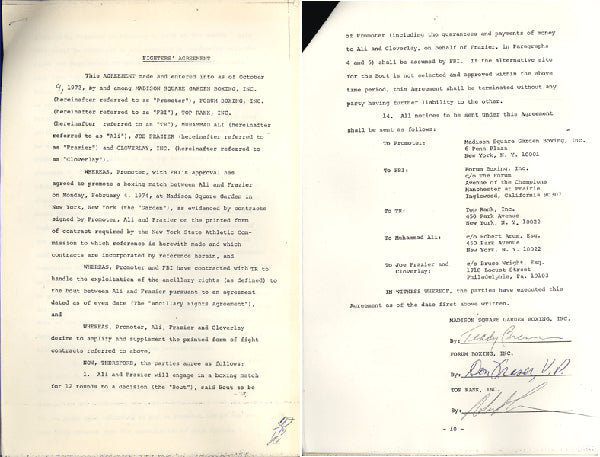 ALI, MUHAMMAD-JOE FRAZIER II FIGHTER AGREEMENT CONTRACT (1974-SIGNED BY ARUM & BRENNER)