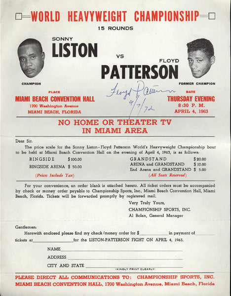 LISTON, SONNY-FLOYD PATTERSON II TICKET ORDER FORM (1963-SIGNED BY PATTERSON)
