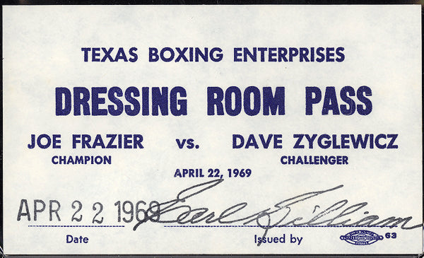 FRAZIER, JOE-DAVE ZYGLEWICZ DRESSING ROOM PASS (1969-PSA/DNA)