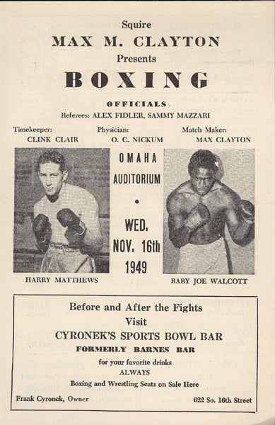 MATTHEWS, HARRY "KID"-BABY JOE WALCOTT OFFICIAL PROGRAM (1949)