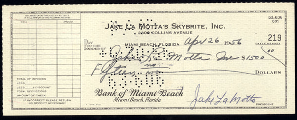 LAMOTTA, JAKE SIGNED BUSINESS CHECK (1956)