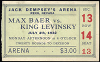 BAER, MAX-KING LEVINSKY STUBLESS TICKET (1932)