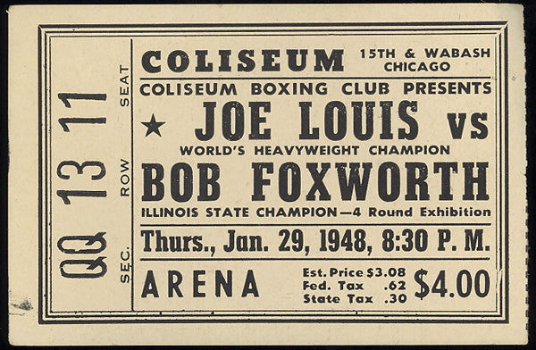 LOUIS, JOE-BOB FOXWORTH EXHIBITION STUBLESS TICKET (1948)