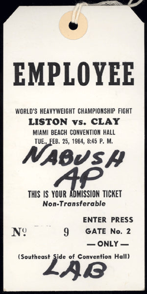 CLAY, CASSIUS-SONNY LISTON I FULL EMPLOYEE TICKET (1964)