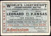 LEONARD, BENNY-ROCKY KANSAS STUBLESS TICKET (1922)